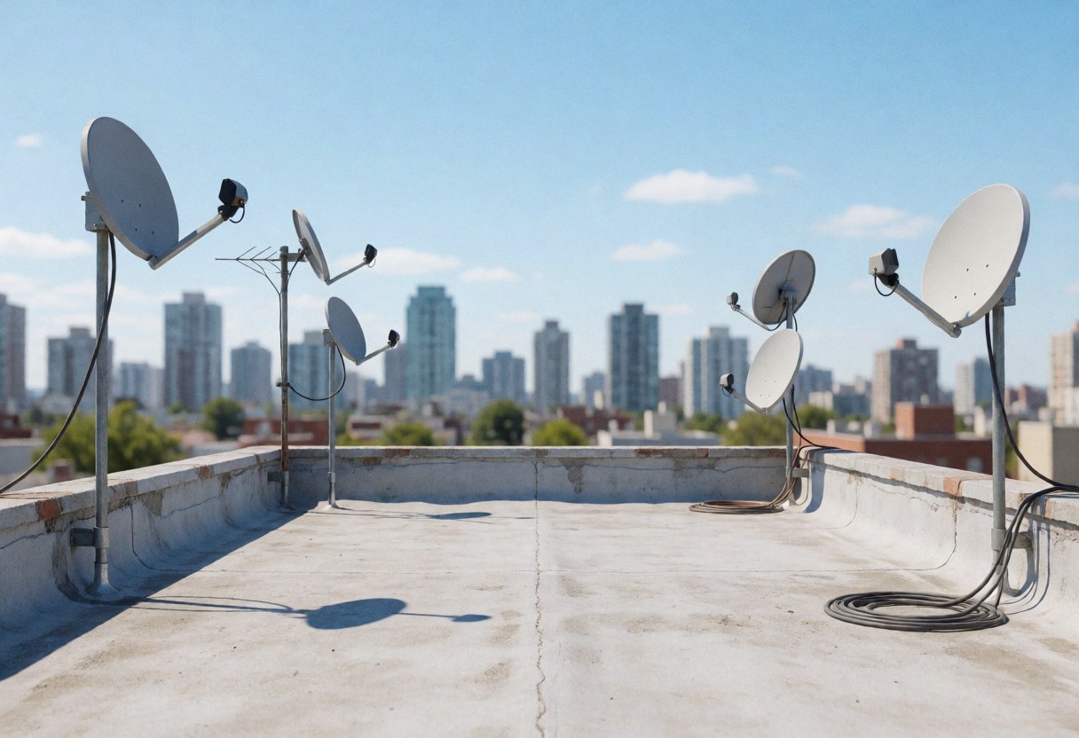 Toit en béton équipé d'antennes satellite et de câbles, avec une vue urbaine en arrière-plan, illustrant les services d'installation technique.
