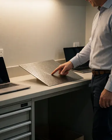 Une cliente dans un atelier industriel indique un motif de perforations sur une plaque métallique, accompagnée d'un ordinateur portable et d'un mur gris clair.