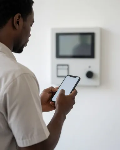 Technicien en train de vérifier un panneau de contrôle d'alarme à l'aide d'un smartphone, sur un fond blanc, dans un cadre professionnel de maintenance.