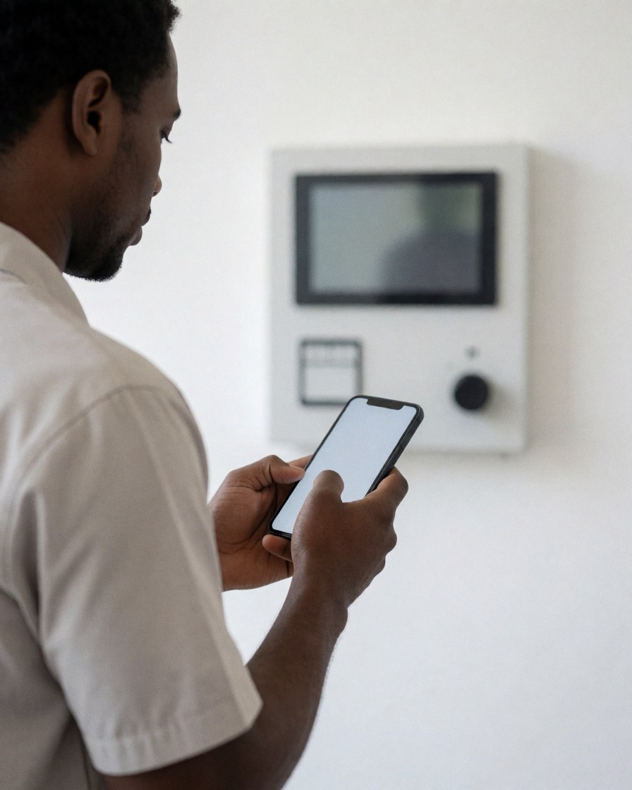 Technicien en train de vérifier un panneau de contrôle d'alarme à l'aide d'un smartphone, sur un fond blanc, dans un cadre professionnel de maintenance.