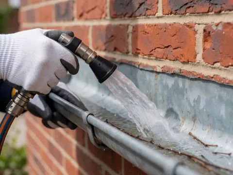Une main portant un gant blanc dirige un jet d'eau puissant depuis un tuyau flexible pour nettoyer les débris d'une gouttière métallique contre un mur en briques rouges.