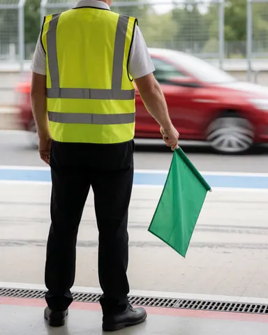 Un officiel de piste en gilet jaune et drapeau vert observe une voiture rouge en mouvement sur le circuit de course.