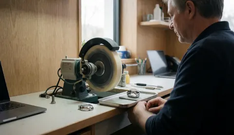 Un horloger professionnel utilise une machine de polissage pour entretenir une montre dans son atelier. On aperçoit des outils, un ordinateur portable et un mur en bois clair en arrière-plan.