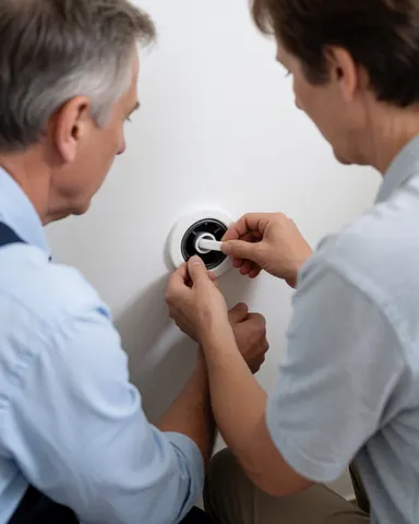 Un technicien installe un joint en cire sur un mur blanc lors d'une intervention de réparation de tuyauterie dans une salle de bain moderne et propre.