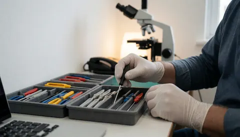 Main portant un gant de protection choisissant un outil de réparation dans un atelier équipé d'un microscope et d'un ordinateur portable sur un fond blanc.