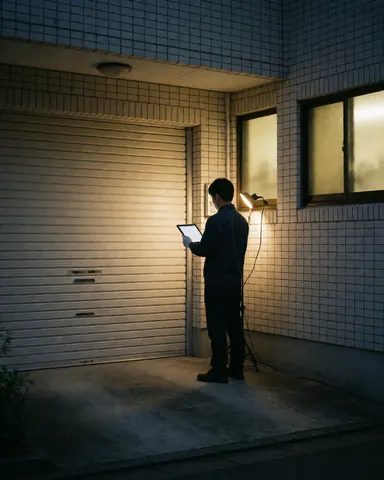 Un technicien examine le contrôle d'une porte de garage la nuit, éclairé par une lumière portable, devant des murs carrelés et une porte métallique.