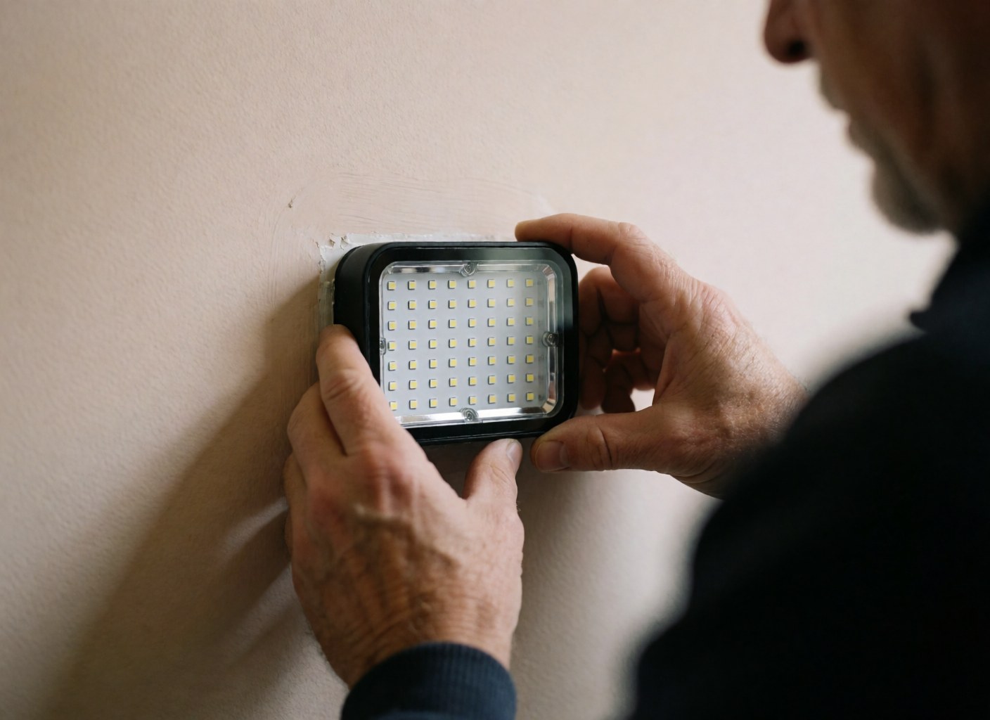 Gros plan sur les mains d'un technicien qui installe un projecteur LED avec des diodes visibles sur un mur beige, détail technique de l'équipement d'éclairage.