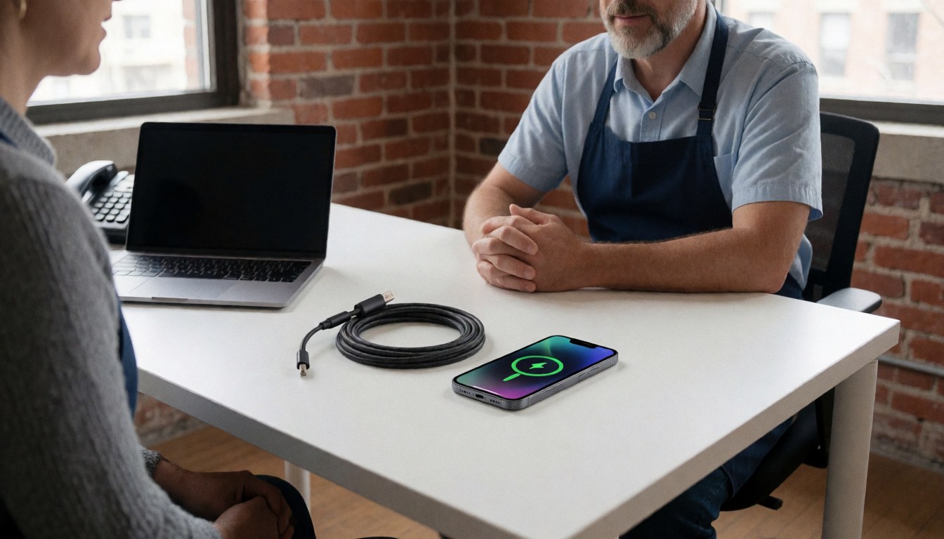 Technicien en tablier travaillant sur un téléphone portable branché sur une table blanche devant un mur de briques.