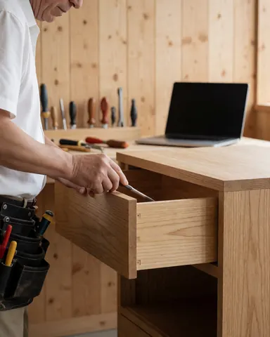 Un restaurateur de meubles examine une jonction en bois dans un tiroir ouvert, entouré d'outils et de panneaux de bois clair dans son atelier.