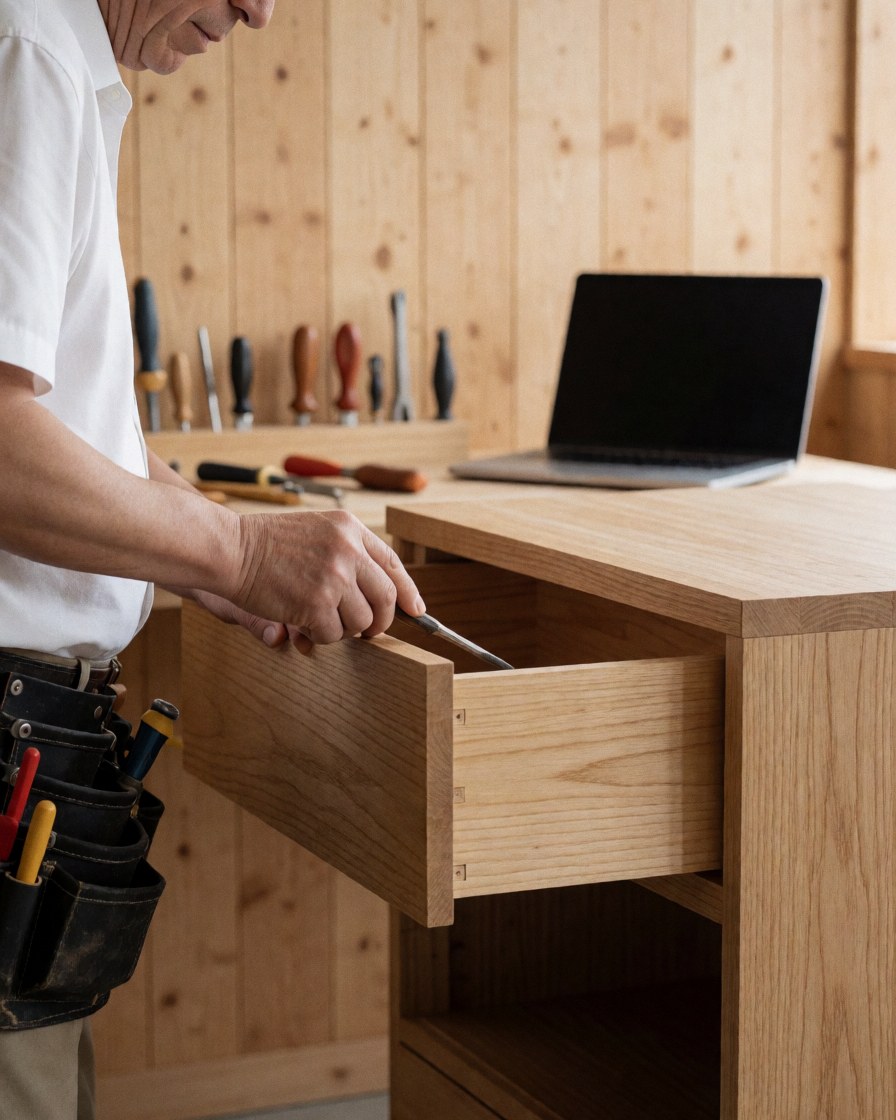 Un restaurateur de meubles examine une jonction en bois dans un tiroir ouvert, entouré d'outils et de panneaux de bois clair dans son atelier.