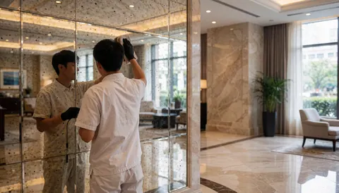Un employé en uniforme blanc et gants noirs nettoie un grand miroir dans le hall d'un hôtel au sol en marbre avec lumière naturelle.