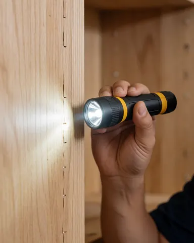 Une main tenant une lampe torche examine un joint en bois sur un meuble dans un atelier de réparation de mobilier.