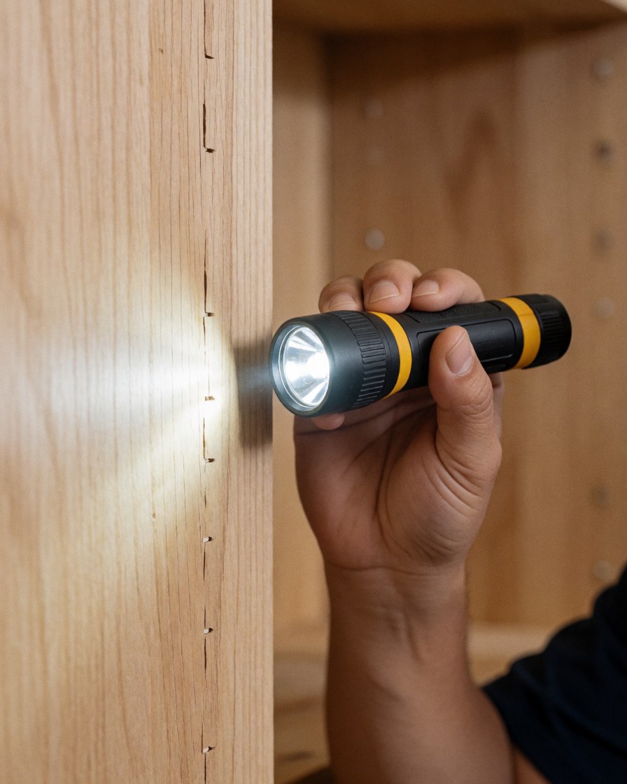 Une main tenant une lampe torche examine un joint en bois sur un meuble dans un atelier de réparation de mobilier.