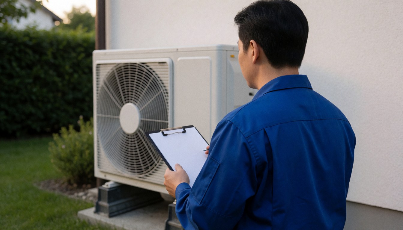 Un technicien en uniforme bleu examine une pompe à chaleur air-eau dans un jardin, tenant un carnet, sous la lumière douce du coucher de soleil.