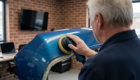 Un technicien applique du polissage sur une bougie bleue brillante à l'aide d'une machine dans un atelier.