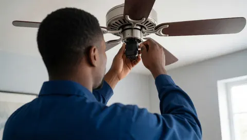 Technicien en train d'installer un contrôleur sur un ventilateur de plafond dans une pièce aux murs gris avec lumière naturelle.