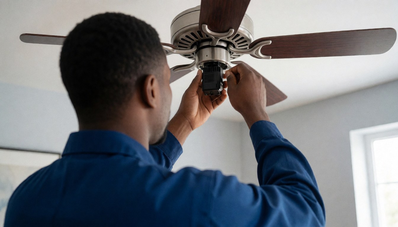 Technicien en train d'installer un contrôleur sur un ventilateur de plafond dans une pièce aux murs gris avec lumière naturelle.
