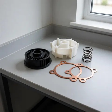 Kit de réparation de sèche-linge avec ventilateur noir, joint en cuivre et ressort métallique sur une table de travail propre et rangée.