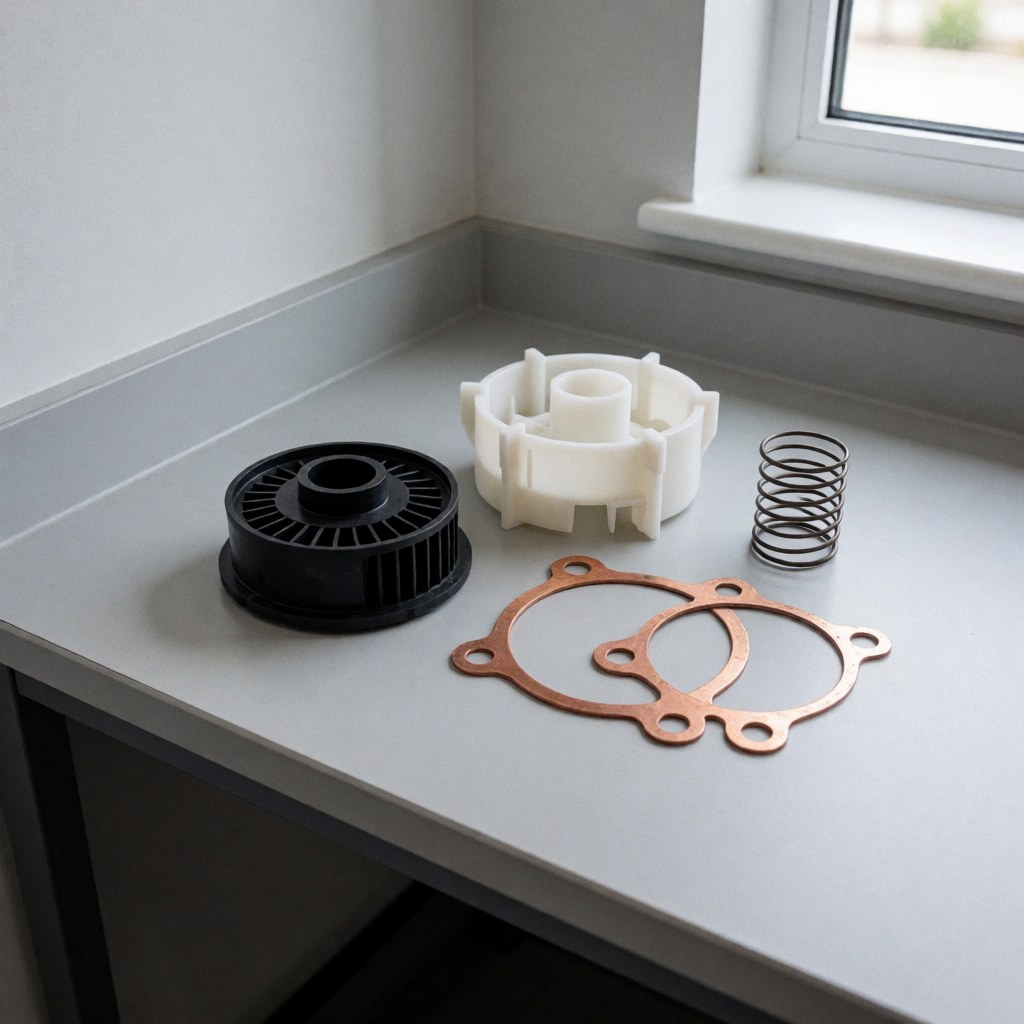 Kit de réparation de sèche-linge avec ventilateur noir, joint en cuivre et ressort métallique sur une table de travail propre et rangée.