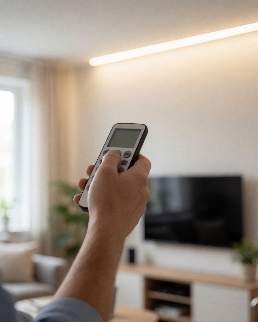 Client ajustant l'éclairage LED au plafond d'un salon moderne avec une lumière chaleureuse et un intérieur bien éclairé