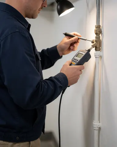 Technicien en réparation de chaudières inspecte une tuyauterie avec un détecteur de gaz dans un espace aux murs blancs et à l'éclairage de travail.