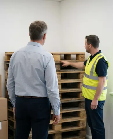Un client observe des palettes dans un entrepôt pendant qu'un employé en gilet de sécurité lui indique un produit, illustrant un service logistique en cours.