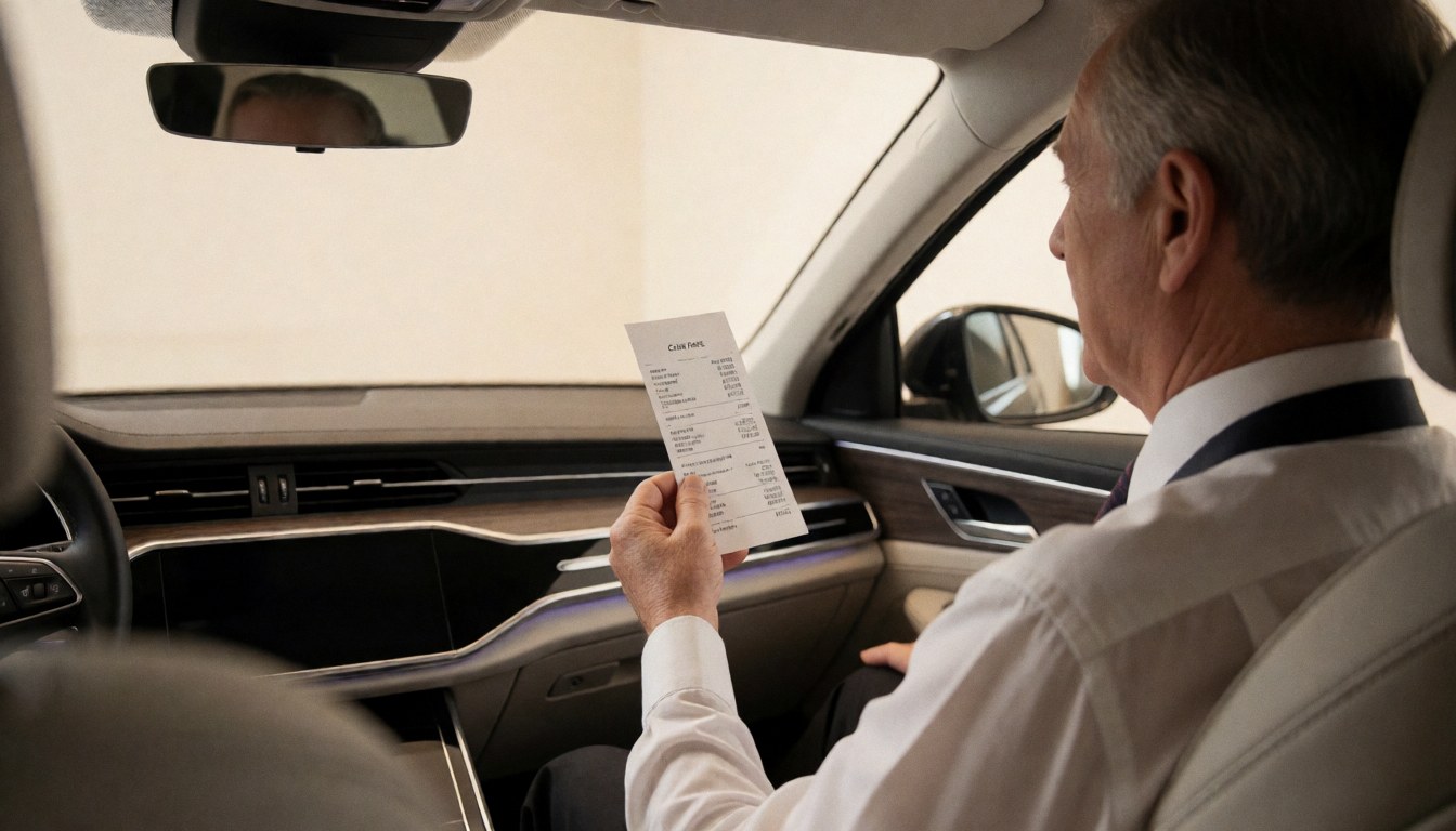 Vue depuis le siège arrière d'un véhicule de luxe montrant un chauffeur professionnel tenant un reçu de voyage dans un intérieur propre et blanc.