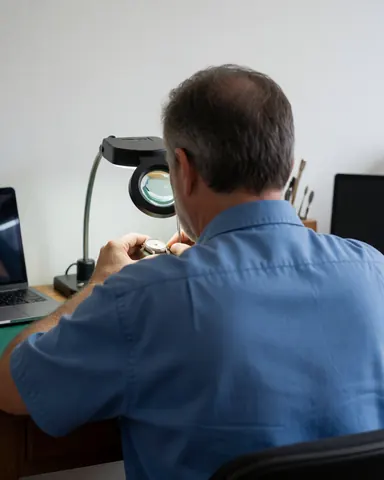 Technicien horloger réparant une montre avec une loupe sur une table de travail, fond blanc, ambiance professionnelle.
