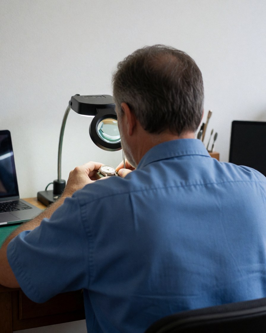 Technicien horloger réparant une montre avec une loupe sur une table de travail, fond blanc, ambiance professionnelle.