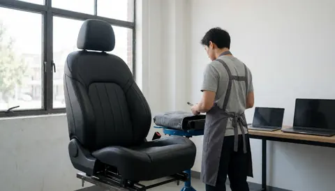 Un ouvrier en tablier examine un siège de voiture noir dans un atelier lumineux avec de grandes fenêtres et des tables de travail.