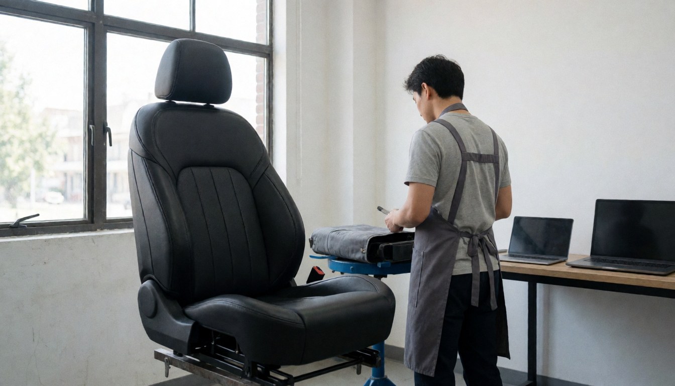 Un ouvrier en tablier examine un siège de voiture noir dans un atelier lumineux avec de grandes fenêtres et des tables de travail.