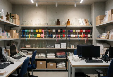 Entrepôt de fleuriste présentant des rubans colorés, des vases en verre et du matériel d'emballage sur des étagères rangées sous un éclairage vif.
