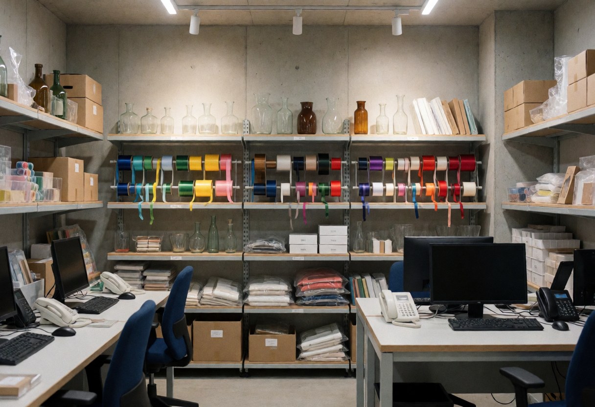 Entrepôt de fleuriste présentant des rubans colorés, des vases en verre et du matériel d'emballage sur des étagères rangées sous un éclairage vif.