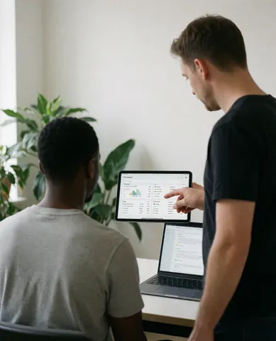 Un coach personnel explique des données sur une tablette à un client assis dans un bureau.