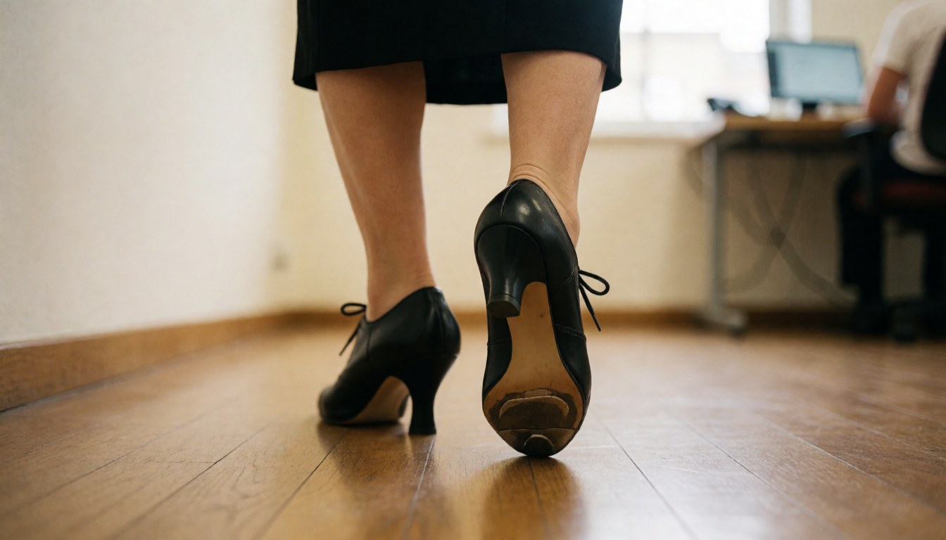 Vue arrière de chaussures de tango noires posées sur un plancher en bois poli lors d'un cours de danse.