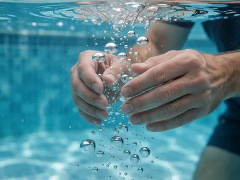 Mains d'un adulte immergées dans une piscine carrelée, avec des bulles montant vers la surface, offrant une scène claire et propre pour un entraîneur de natation.