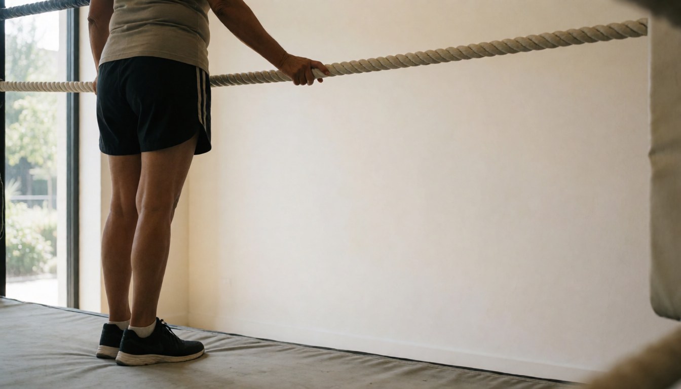Vue arrière d'une femme boxeuse debout dans un ring, mains posées sur la corde, avec des murs blancs et un sol de gymnase.