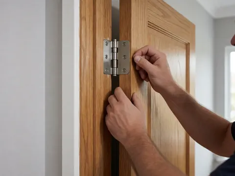 Main ajustant la quincaillerie métallique sur une porte en bois avec un mur peint en arrière-plan, détail de l'installation de portes.
