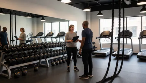 Instructeur de boxe dans un gymnase moderne examine le programme d'entraînement avec un client, des haltères, un tapis de course et des cordes de bataille sont visibles.