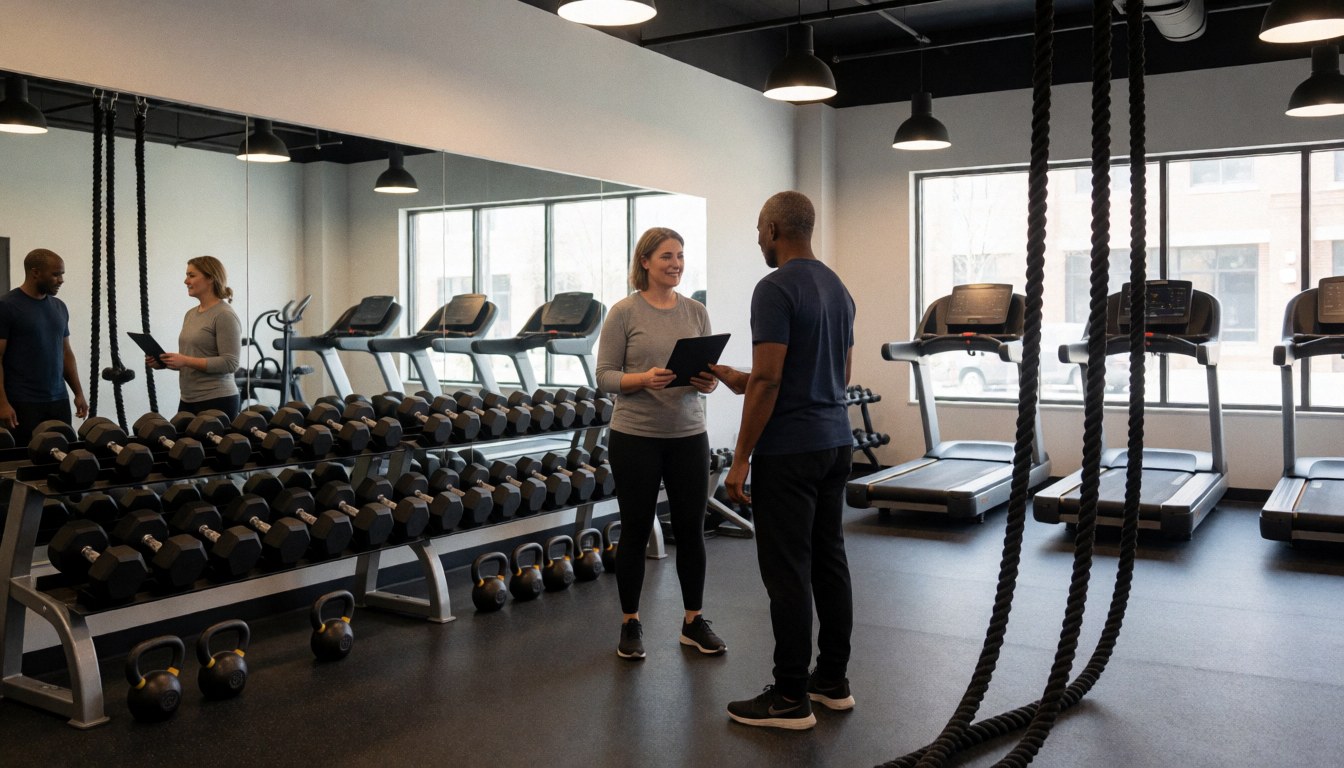Instructeur de boxe dans un gymnase moderne examine le programme d'entraînement avec un client, des haltères, un tapis de course et des cordes de bataille sont visibles.