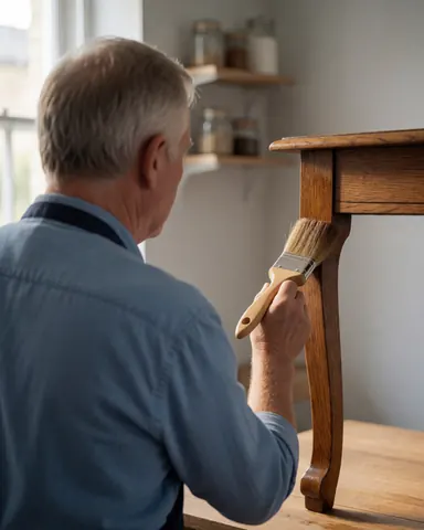Un homme utilise un pinceau à poils naturels pour vernir une jambe de table en bois dans un atelier éclairé par la lumière naturelle.