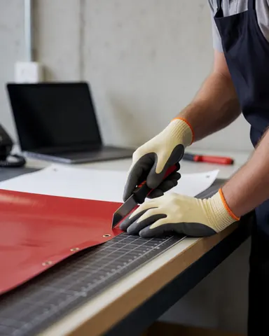 Un travailleur portant des gants coupe un drapeau rouge sur une matrice de découpe dans un atelier de textile.