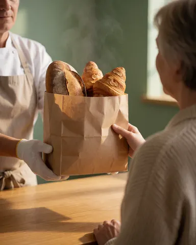 Une cliente reçoit un sac contenant une baguette et des croissants d'un boulanger dans une boulangerie aux murs verts et à la lumière naturelle.