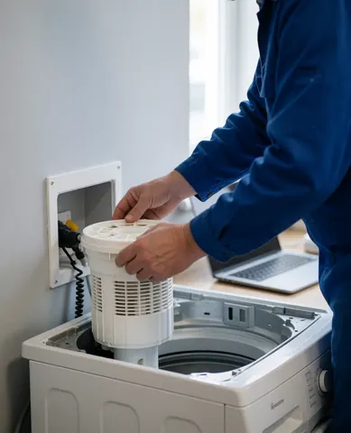 Un technicien en uniforme bleu pose un filtre blanc sur la base d'une machine à laver blanche dans un intérieur aux murs gris clair, lors d'une intervention de réparation.
