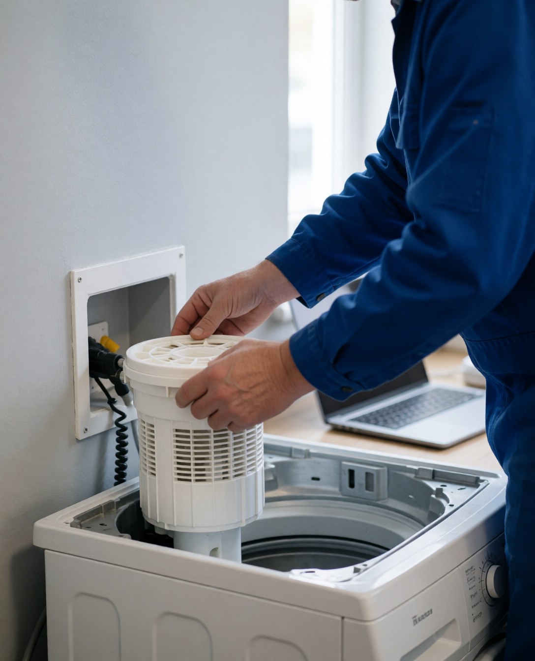 Un technicien en uniforme bleu pose un filtre blanc sur la base d'une machine à laver blanche dans un intérieur aux murs gris clair, lors d'une intervention de réparation.