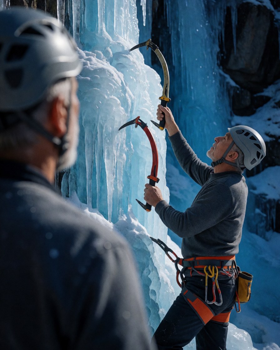 Un entraîneur d'escalade avec équipement de glace sur une paroi gelée, vu de dos, scène d'entraînement en montagne.