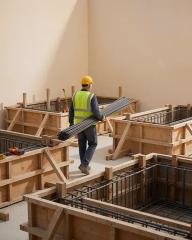 Un maçon en casque et gilet de sécurité transporte des barres d'armature à travers des coffrages en bois pour des fondations en construction.