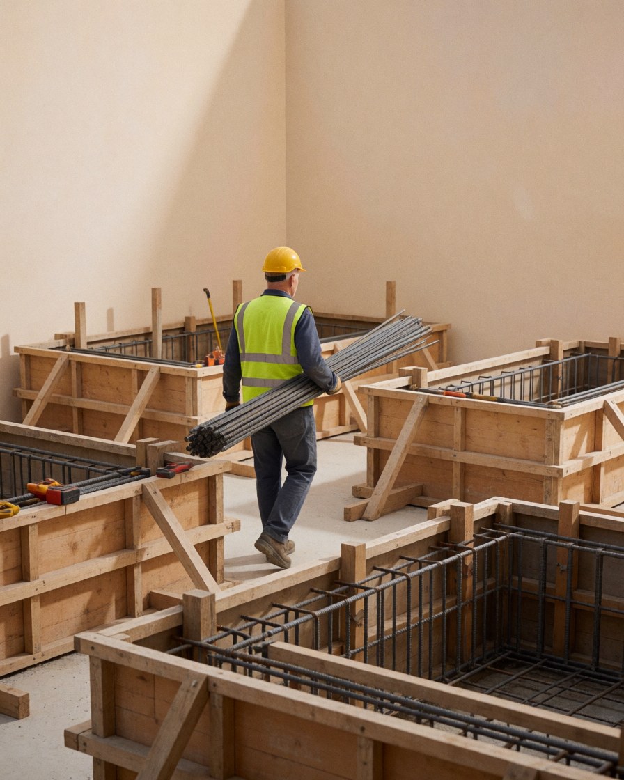 Un maçon en casque et gilet de sécurité transporte des barres d'armature à travers des coffrages en bois pour des fondations en construction.