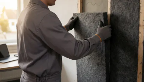 Un technicien portant des gants pose une plaque d'isolation thermique sur un mur avec un cadre en bois, éclairé par la lumière naturelle.
