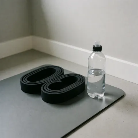 Deux bandes de résistance noires et une bouteille d'eau posées sur un tapis de gymnastique gris dans un gymnase aux murs clairs et à l'éclairage chaud.